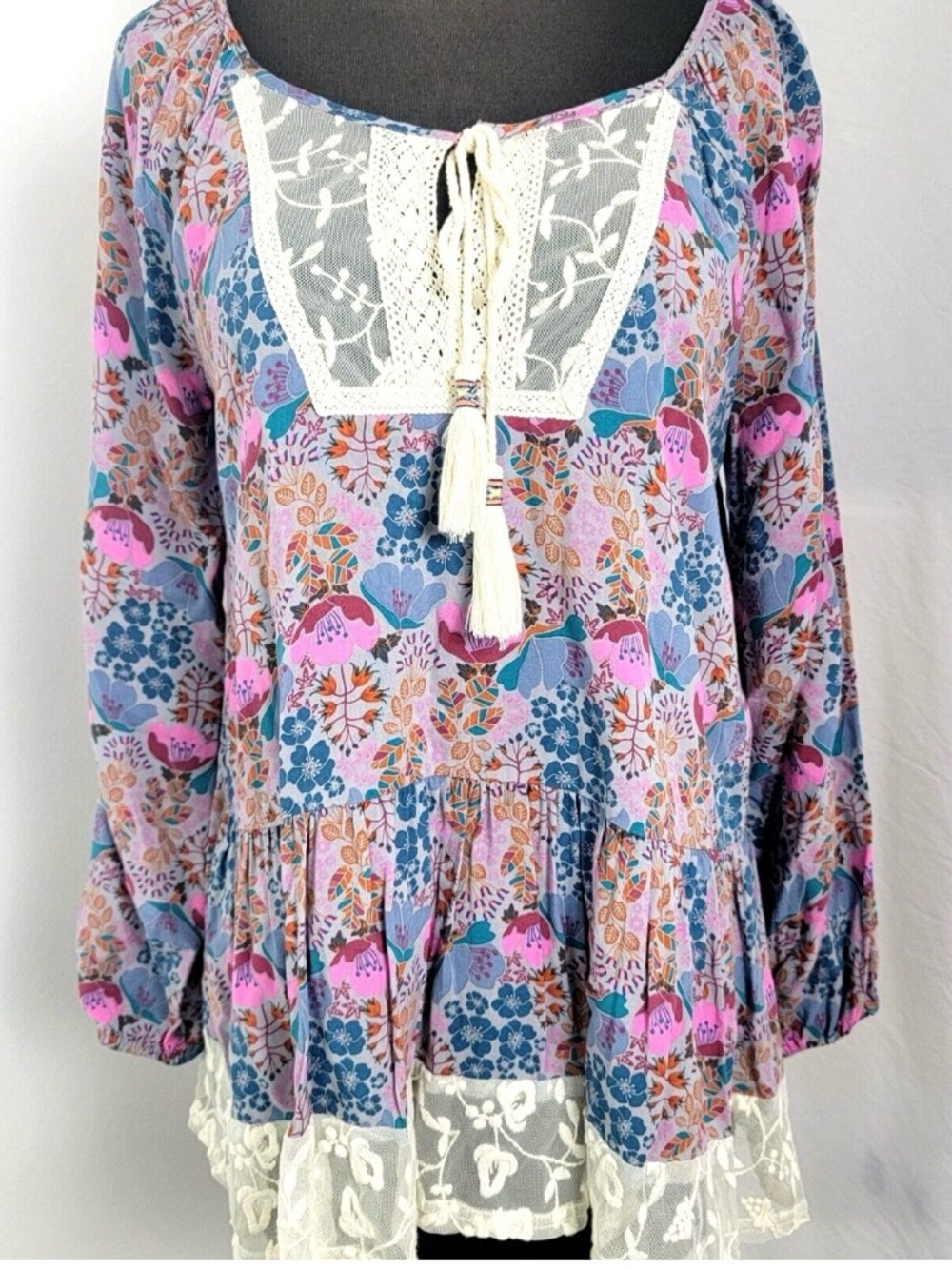 Matilda Jane Pink & Blue Floral Lace-Trim Tunic Top Boho Hippie Cottage Core